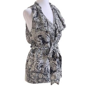 Sleeveless Black & Cream Paisley Ruffle Tie-Waist Top
